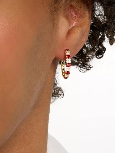 Women's Huggie Hoops with Birthstone 925 Sterling Silver Huggie Stud Hypoallergenic 14K Gold Plated Moissanite Earrings -Emerald Sapphire Ruby Hoop Earrings, Size 20 25mm - color: A -Ruby Gold, size: 20mm (0.78 Inch)