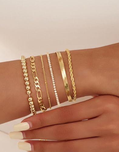 Gold Bracelets for Women 14K Gold Plated Stack Trend Bracelets Charm Paperclip Chain Cuban Link Layered Waterproof Bracelet Dainty Bracelet for Women Jewelry Gifts - color: 6Pcs Beaded Gold