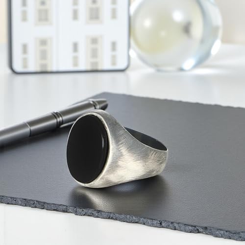 Silver Plated Steel Men's Ring with Oval Onyx Stone – Brushed & Oxidized Finish | Premium Stainless Steel Black Onyx Signet Ring for Men