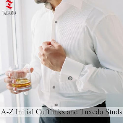 Cuff Links Mens and Tuxedo Studs Set, TAIGRAMA Gun Black Cufflinks for Men and Tuxedo Buttons Initial Tux Shirt Studs Personality Black Mother of Pearl for Formal Shirt Kit Business or Wedding - style: Letter Y
