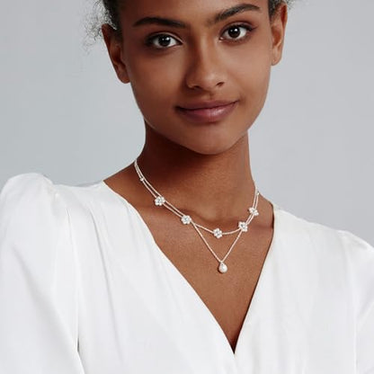 Zeffy Gold Pearl Necklace for Women, Dainty 14K Gold/Silve Plated Layered Pearl Choker Pearl Earrings Pearl Bracelets Wedding Trendy Gold Jewelry Set for Women Gifts - style: Silver Pearl Daisy Necklace-2PCS
