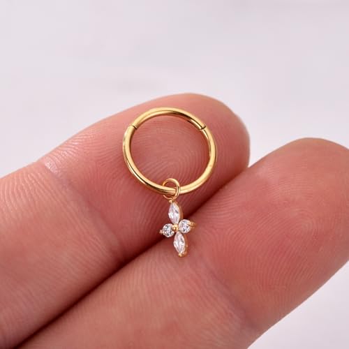 Ourania 16G Gold Stainless Steel Zircon Dangle Huggie Hoop Rook Piercing Helix Hoop Earring Tragus Hoop Cartilage Piercing for Women - color: Flower Gold 2PCS, size: 1.2*10mm 2pcs