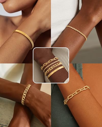 KOHOTA Chunky Gold Bracelets for Women Non Tarnish 14K Gold Plated Cuff Bracelet Stack Trendy Love Bangle Bracelets Stackable Tennis Bracelet Set Tie Knot Cuban Paperclip Figaro Chain Jewelry Gifts - color: A.Cuban bracelet