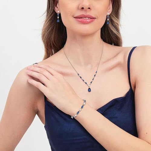 Teardrop Marquise Cubic Zirconia Wedding Prom Jewelry Set for Women Bridal | Silver/Gold/Rose Gold Plated, Pear Cut Pendant Necklace Drop Earrings Link Bracelet, for Bride Bridesmaid, for Banquet Party - style: B_Three Set, Blue Silver-Tone (Teardrop)