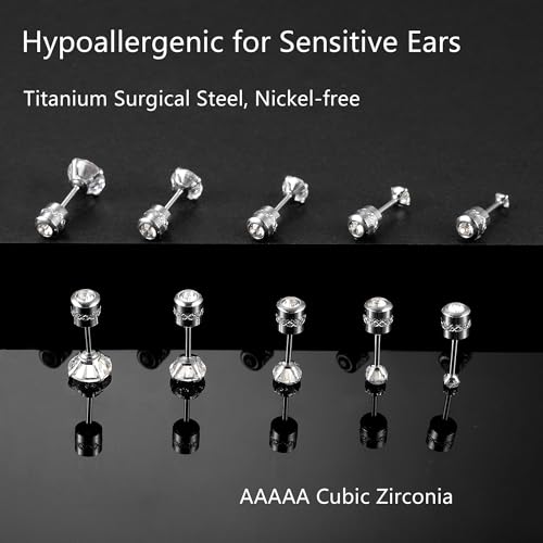 Titanium Surgical Steel CZ Screw Back Stud Earrings Set Hypoallergenic | Cubic Zirconia, Stainless Steel, Mens, Small, Dainty, Silver, Hypoallergenic for Sensitive Ears, Lobe, Cartilage, Helix - color: Round Clear - 2/3/4/5/6mm