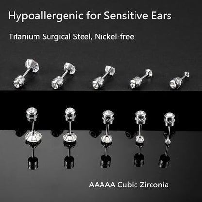 Titanium Surgical Steel CZ Screw Back Stud Earrings Set Hypoallergenic | Cubic Zirconia, Stainless Steel, Mens, Small, Dainty, Silver, Hypoallergenic for Sensitive Ears, Lobe, Cartilage, Helix - color: Round Clear - 2/3/4/5/6mm