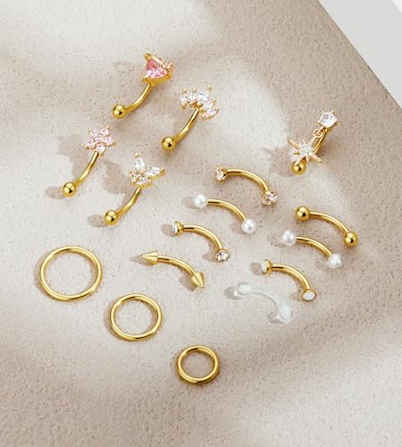 Rook Eyebrow Piercing Jewelry Surgical Stainless Steel Vertical Labret Lip Jewelry Gold Silver 16G Curved Barbell Cartilage Helix Conch Tragus Daith Hoop Earrings for Women - color: Gold Tone