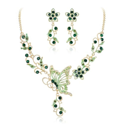 EleQueen Women's Crystal Butterfly Flower Leaf Necklace Earrings Set | Crystal Jewelry Set for Brides Bridesmaids, Necklace Set for Party - color: Green