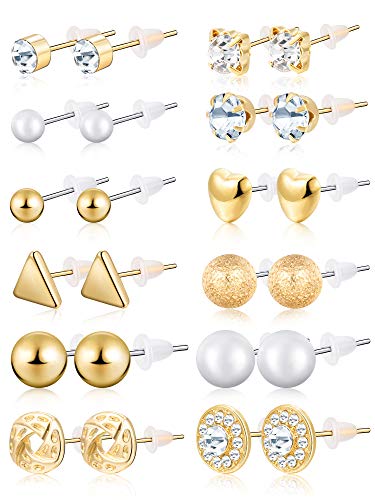 BBTO 24 Pairs Stud Earrings Crystal Pearl Earring Set Ear Stud Jewelry for Women Men - color: Gold