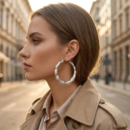 PAGOW 3 Pairs Large Bamboo Earrings, Silver Plated Hoop Bamboo Earrings | Round Hoop Y2K Earrings, Hypoallergenic 80s 90s Shiny Hip Hop Earring Hoops for Women Jewelry Party - 3 Sizes - color: silver,hoop 3 sizes
