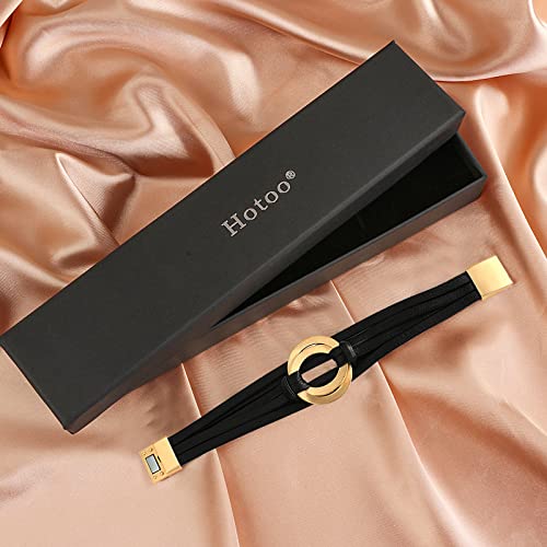 hotoo Circle Charm Bracelets for Women Handmade Leather Wrap Bracelets for Couples Friendship Bracelet Bohemian Cuff Bangle Boho Jewelry Gift - color: Black