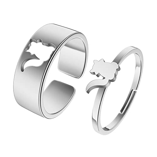 2PCS Matching Cute Animals Promise Engagement Rings for Couples Men Women Jewelry Band Sets 316L Stainless Steel Adjustable Open Ring - color: Raccoon-s