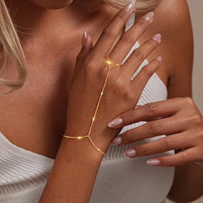 Eaciy 3PCS Gold Hand Chain Bracelets for Women, 18K Gold Plated Dainty Stackable Hand Chain Bracelet Ring Gold Bracelets for Women Trendy Gold Jewelry Set - color: 10-Bar-Hand Chain
