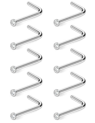 Hoeudjo Nose Studs Surgical Steel Cubic Zirconia Nose Rings Kit for Women Men Tiny Nose Stud Bone & Screw & L Shaped Nostril Piercing Jewelry 18/20/22/24 Gauge 10 Pieces - color: silver-tone,L-shaped nose studs, size: 22g/1.5mm clear CZ