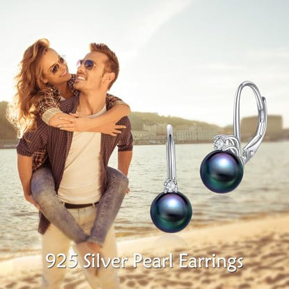 TIGER RIDER Pearl Earrings 925 Sterling Silver Leverback Hypoallergenic Drop Earring Jewelry for Women Birthday Gifts - style: black pearl