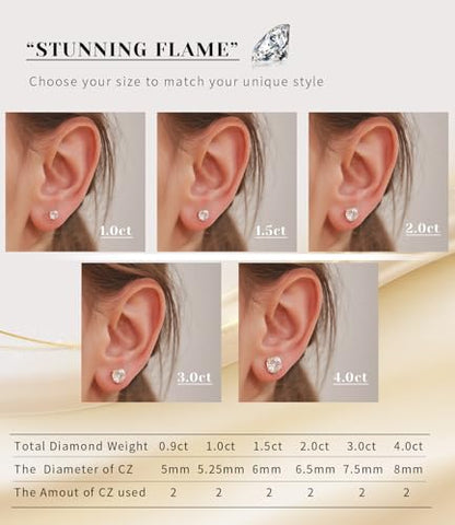 "STUNNING FLAME" Solid 14K Gold Post & Sterling Silver Round Cut Cubic-Zirconia Stud CZ Earrings | Hypoallergenic Jewelry - color: 14k Gold Post & Sterling Silver - White, size: 3.0 Carat-(1.5ct*2)-7.5mm