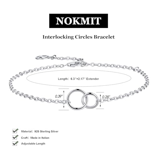 Solid 925 Sterling Silver Bracelets for Women, Dainty Interlocking Circles Cubic Zirconia Adjustable Chain Bracelet, Trendy Stackable Link Bracelets, Simple Cute Jewelry Gifts - color: Silver Interlocking Circles
