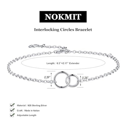 Solid 925 Sterling Silver Bracelets for Women, Dainty Interlocking Circles Cubic Zirconia Adjustable Chain Bracelet, Trendy Stackable Link Bracelets, Simple Cute Jewelry Gifts - color: Silver Interlocking Circles