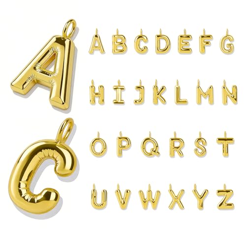 26 Pcs 18K Gold Filled Bubble Letter Charms for Jewelry Making, Initial Gold Puffy A-Z Alphabet Pendant Beads, Balloon Slide Glitter Pendants for Women’s Bracelet, Necklace & Earring Making