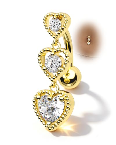 Triple Heart Dangle Belly Button Rings - 14G Reverse Navel Rings Dangly Cute Belly Piercing Jewelry - Stainless Steel - color: Yellow Gold