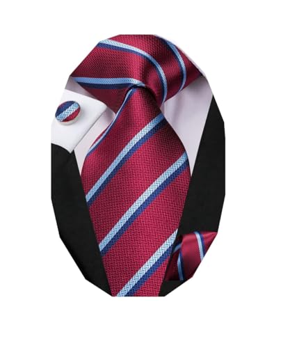 Dubulle Mens Paisley Striped Tie Woven Necktie for Men and Handkerchief Cufflinks Set Wedding Formal Business - color: Burgundy