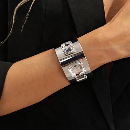 Punk Square Crystal Open Bracelet for Women Fashion Wide Cuff Bangle Bracelets Shiny Rhinestone Rectangle Charm Bangle Geometric Statement Jewelry Gifts - color: White