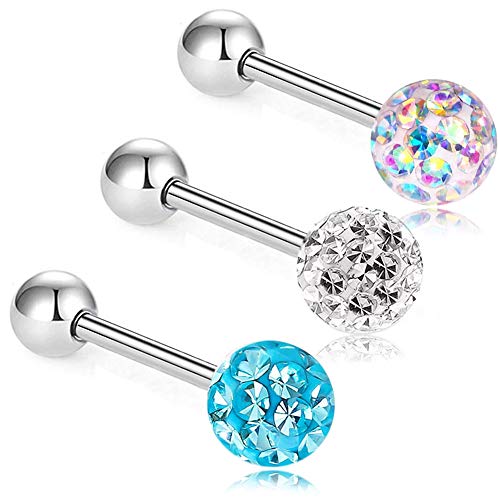 Anti-allergy Surgical Steel Tongue Rings Women Handmade Epoxy Crystal Piercing Barbells 14G 16mm - color: AB,White,Blue