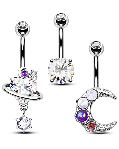 Jewseen 3PCS Belly Button Ring Dangle Surgical Steel Zircon Opal Moon Star Planet Space Design Navel Ring 14G Curved Barbell Fashion Piercing Jewelry - color: moon