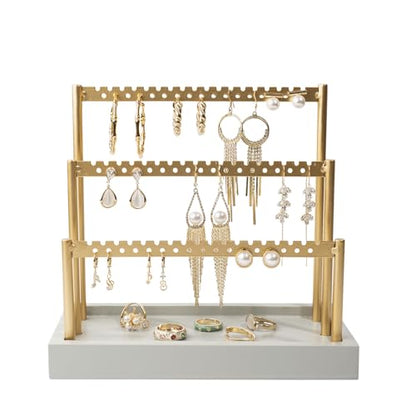 SANY DAYO HOME 3-Tier Earring Holder Organizer Stand, 105 Holes Gold Metal Earring Rack Jewelry Display Tree with Gray Wood Tray for Women and Girls - color: Gold Rack Gray Base