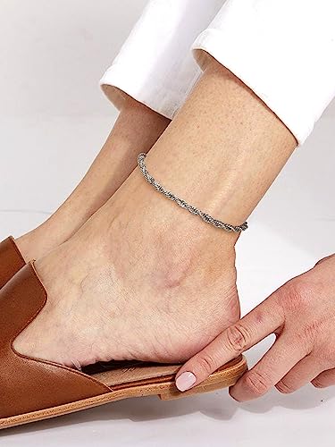 FaithHeart Waterproof Ankle Bracelets for Women, 1/2/3Pcs Non Tarnish Stainless Steel Layered Anklet Set Paperclip Figaro Cuban Link Chain Dainty Summer Beach Jewelry Gift Adjustable Size - style: f.Figaro - Silver