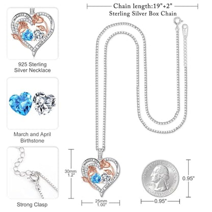Iefil Birthstone Necklace for Women - Rose Heart Necklace | 925 Sterling Silver, Gift Box Packaging, Anniversary Birthday Gifts for Wife Mom Daughter - color: 03-04-Mar-Apr Birthstone