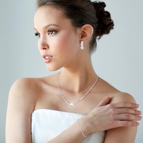 Gjinxi Silver Jewelry Set for Women, Rhinestone Necklace Bracelet Dangle Earrings Set, Crystal Bridal Wedding Party Jewelry Sets for Bride Bridesmaid Formal Costume