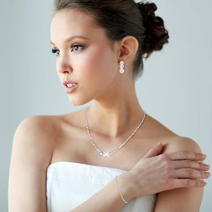 Gjinxi Silver Jewelry Set for Women, Rhinestone Necklace Bracelet Dangle Earrings Set, Crystal Bridal Wedding Party Jewelry Sets for Bride Bridesmaid Formal Costume