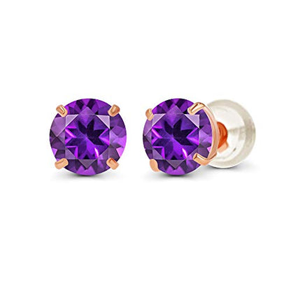 Solid 14K Yellow or White or Rose Gold 6mm Round Genuine Birthstone Gemstone Prong Set Stud Earrings For Women - color: Amethyst
