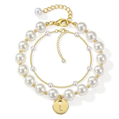 Fizzlup 2Pcs Pearl And Gold Initial Bracelet Set，Dainty Pearls Bracelets Jewelry for Women Wedding Prom Trendy Crystal Charm Cuff Stack Bead Linkbracelet Personalized Gift Stuff Letter - color: L