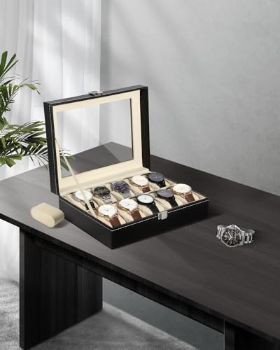 Uten Watch Box, 10 Slots Watch Case, Watch Box Organizer Jewelry Storage with Large Glass Lid, Watch Display Case, Watch Box for Men & Women | Black Watch Cases for Men and Women, removable Pillow, Velvety Inner Lining, Gifs for Graduation, Thanksgiving,