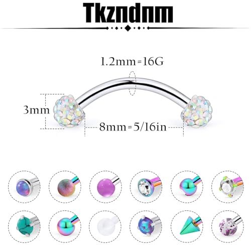 16g 8/10mm Silver/Black/Rose-Gold/Rainbow Eyebrow Piercing Jewelry Rings Curved Barbell Vertical Labret Lip Surgical Steel Small Belly Button Snake Eyes Tongue Rook Earrings for Women Men - color: Rainbow / Purple, size: 16g*8mm*3mm