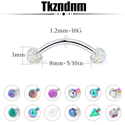 16g 8/10mm Silver/Black/Rose-Gold/Rainbow Eyebrow Piercing Jewelry Rings Curved Barbell Vertical Labret Lip Surgical Steel Small Belly Button Snake Eyes Tongue Rook Earrings for Women Men - color: Rainbow / Purple, size: 16g*8mm*3mm