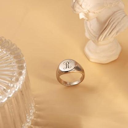 Anavia Personalized Initial Signet Ring, Customized Letter Laser Engraved Stainless Steel Gold Glossy Finish Round Signet Band Ring, Wedding Engagement Promise Ring for Women Men - color: Gold, size: US 6