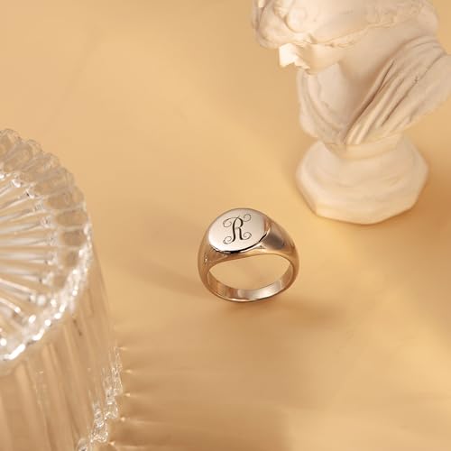 Anavia Personalized Initial Signet Ring, Customized Letter Laser Engraved Stainless Steel Gold Glossy Finish Round Signet Band Ring, Wedding Engagement Promise Ring for Women Men - color: Gold, size: US 9