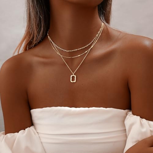 Gold Necklace for Women 14K Gold Plated Layered Cross Bar Necklace Herringbone Figaro Paperclip Flat Chain Cute Charm Accessories Non Tarnish Jewelry Set Gifts for Women - style: R-NK-07-Rectangle circle-GD
