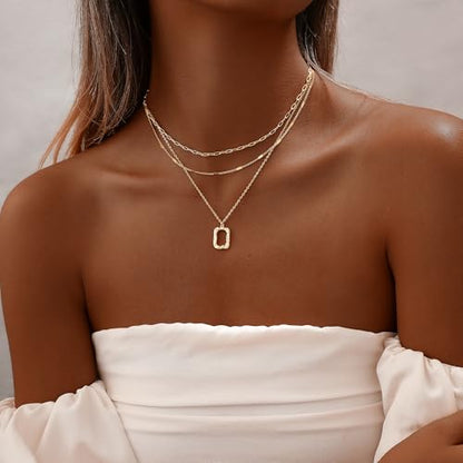 Gold Necklace for Women 14K Gold Plated Layered Cross Bar Necklace Herringbone Figaro Paperclip Flat Chain Cute Charm Accessories Non Tarnish Jewelry Set Gifts for Women - style: R-NK-07-Rectangle circle-GD