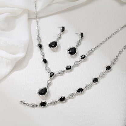 EleQueen Women's Wedding Bridal Jewelry Sets for Brides Bridesmaids, Cubic Zirconia Teardrop Necklace Tennis Bracelet Dangle Earrings Jewellery Set - color: 06-Black Color Clear-Tone