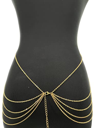 Harness Body Chain Sexy Layered Tassel Belly Waist Chain Necklace Boho Hot Bikini Nightclub Party Beach Body Jewelry for Women and Ladies Gold Tone - style: A:Cross