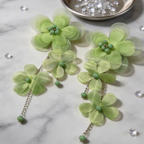 Flower Earrings for Women Long Fabric Flower Tassel Earrings Bohemian Handmade Floral Statement Earring Wedding Prom Jewelry Gifts - color: A7:green
