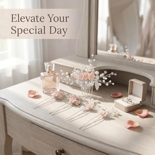 6 Pcs Bridal Flower Wedding Hair Pins Crystal Pearl Hair Clips Headpiece Wedding Hair Accessories Jewelry with Rhinestone for Brides Bridesmaids Women Girls Updo(Pink) - color: Pink6Pcs