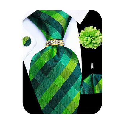 5PCS Mens Silk Tie, Pocket Square, Cufflinks, Drilled Tie Ring and Lapel Pin Set for Wedding Groom Party - color: Green Tie Set -250