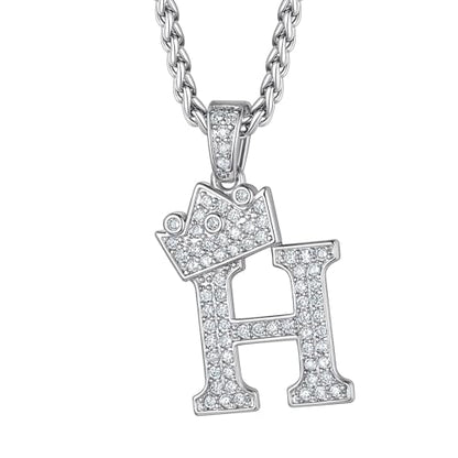 Richsteel Silver Crown Initial A-Z Letter Pendant Necklace for Men Women | Cubic Zirconia Monogram, 316L Steel Chain, 22" + 2" Extender,Hypoallergenic,Gift Box, Hip Hop Jewelry - style: H