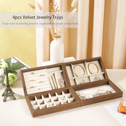 Wooden Jewelry Organizer Trays for Drawer, Stackable Jewelry Drawer Organizer Inserts, Set of 4 Jewelry Storage Flat Stacking Display Case Box for Rings Stud Necklaces(Beige)