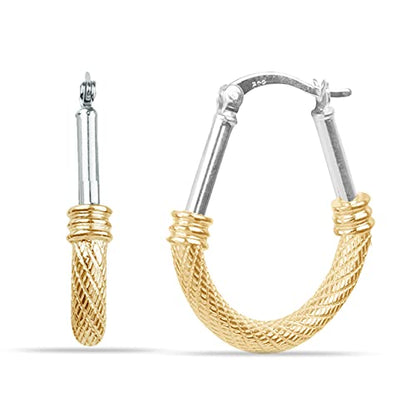 LeCalla 925 Sterling Silver Hoop Earrings for Women | Italian Design Classic Diamond-Cut Textured Hoops Earring | Women's Oval Drop Shape Silver Earring Jewelry - color: Medium Two-Tone